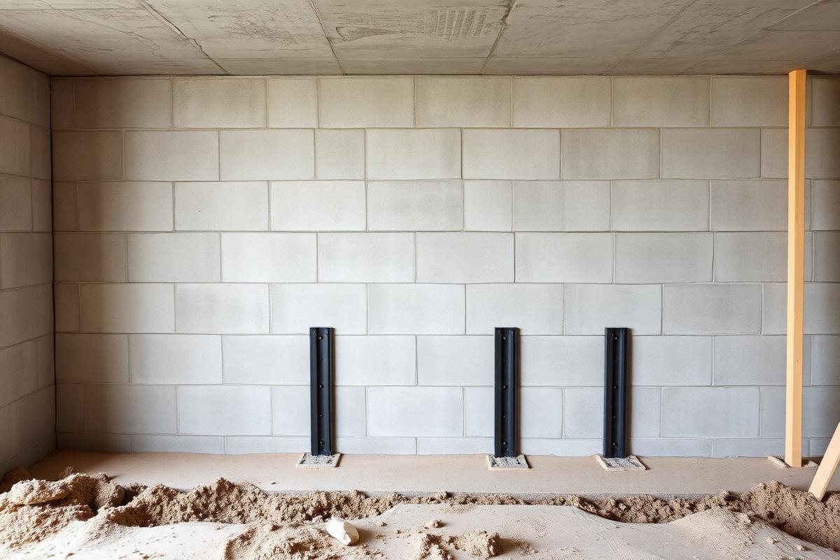 Concrete basement foundation wall with support piers