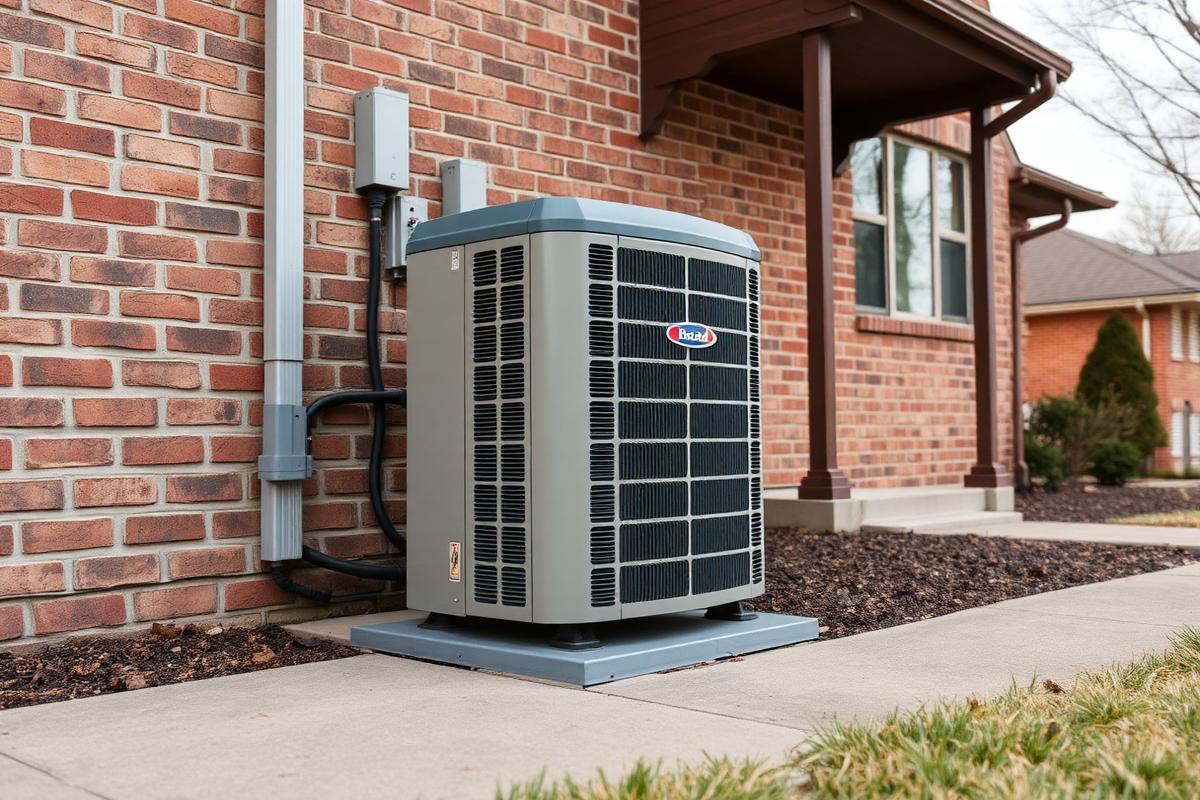 Residential HVAC condenser unit outside a Midwestern home